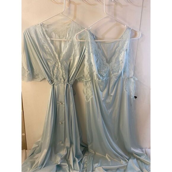Shadowline blue lace gown robe set USA 2 piece set sexy Peignoirpajams